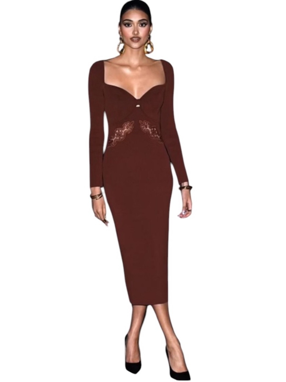 New SELF-PORTRAIT Rib Knit Lace Applique Long Sleeve Midi Bodycon Dress Brown XL